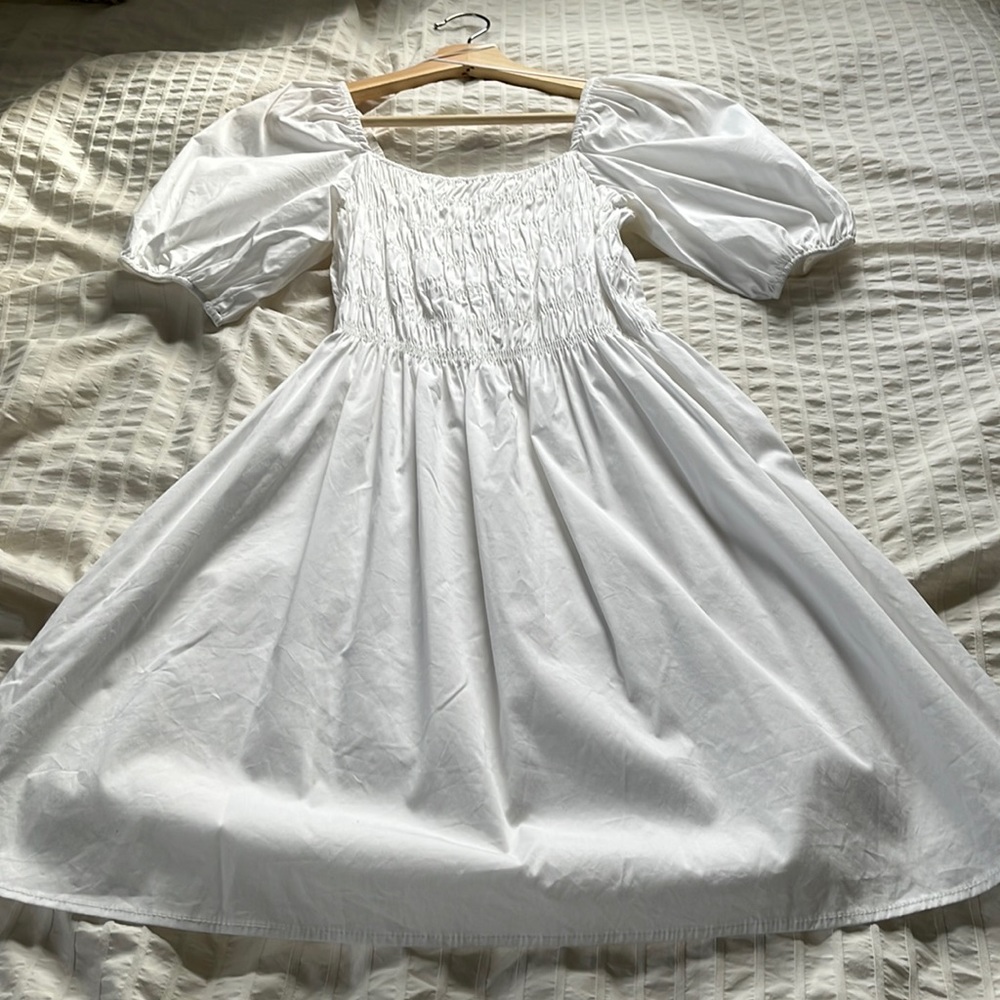 MANGO White Ruched Summer Dress Puff Sleeve